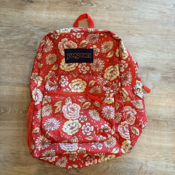 NEW JANSPORT Orange Floral Double Strap Carrying Pocket School Bag Backpack - Picture 1 of 7